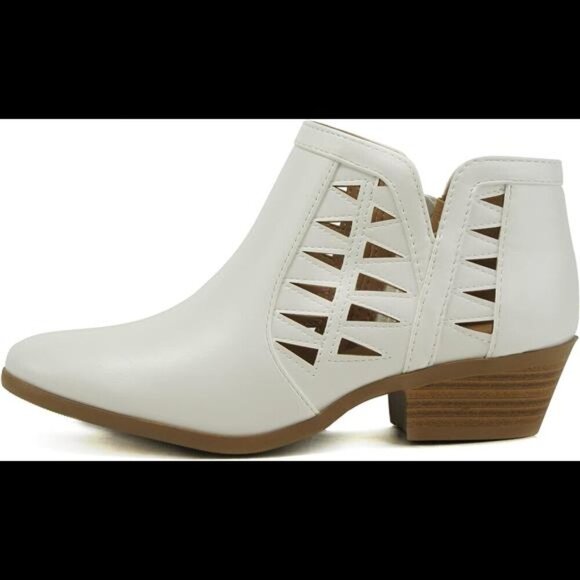 New Womens Perforated Cut Out Stacked Block Heel Ankle Booties - Picture 2 of 5